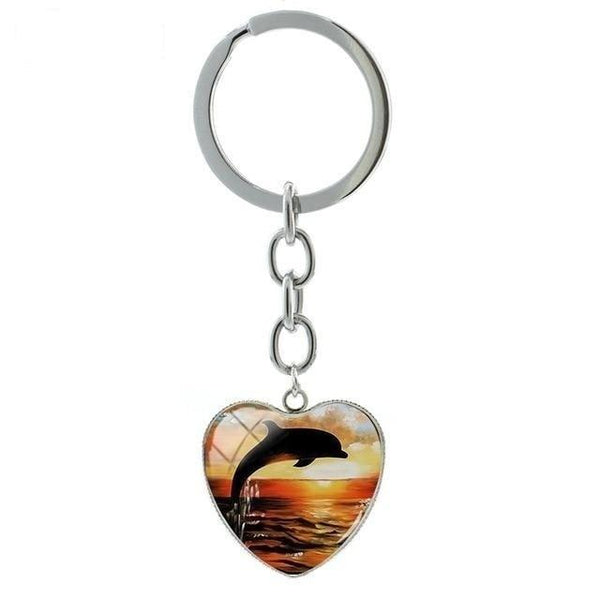 Cute Dolphin Deep-sea Art Glass Cabochon Dome Heart Pendant Keychain  -  GeraldBlack.com