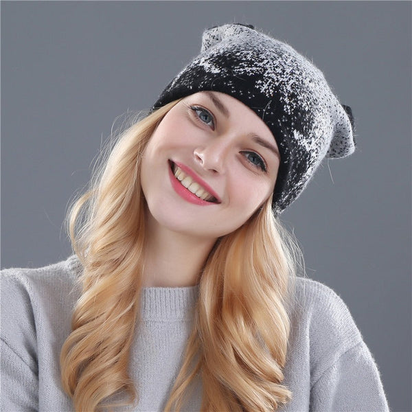 Cute Kitty Winter Rabbit Fur Wool Knitted Beanies Hats for Women  -  GeraldBlack.com