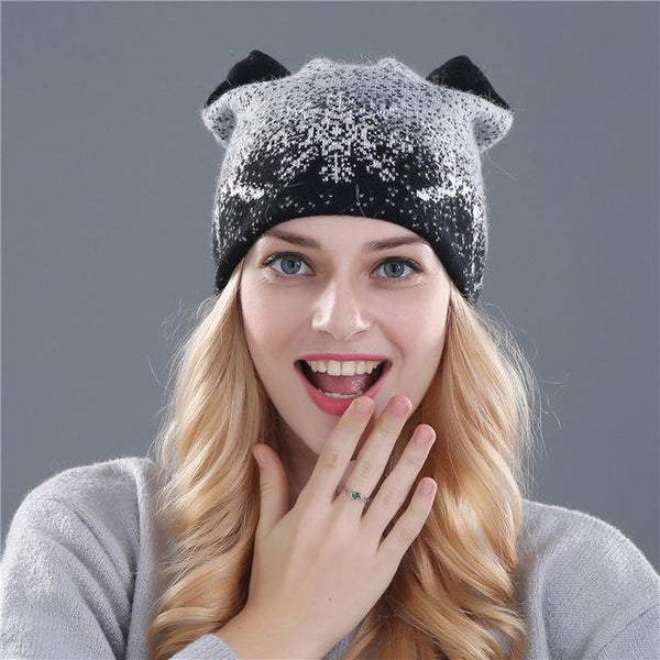 Cute Kitty Winter Rabbit Fur Wool Knitted Beanies Hats for Women - SolaceConnect.com