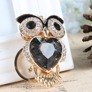 Cute Owl Heart Black Rhinestone Crystal Charm Purse Pendant & Key Chain - SolaceConnect.com