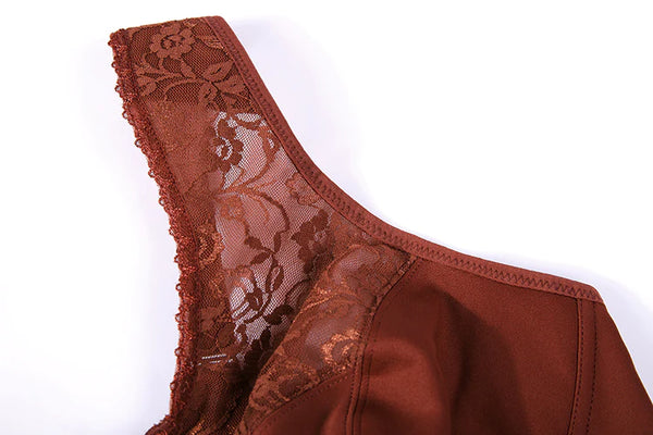 Dark Rust Lace Front Closure Full Coverage Wirefree Sheer Bra for Women  -  GeraldBlack.com