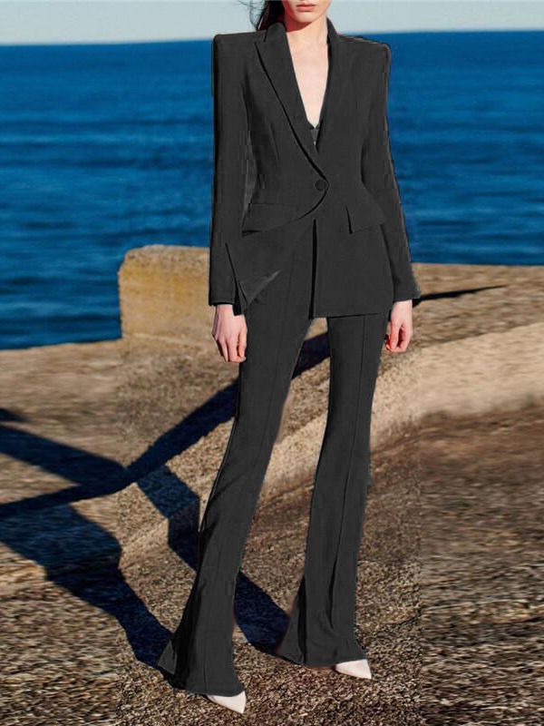 Designer Blazer Suit Set Women's Single Button Red Blazer Flare Pants Suit  -  GeraldBlack.com