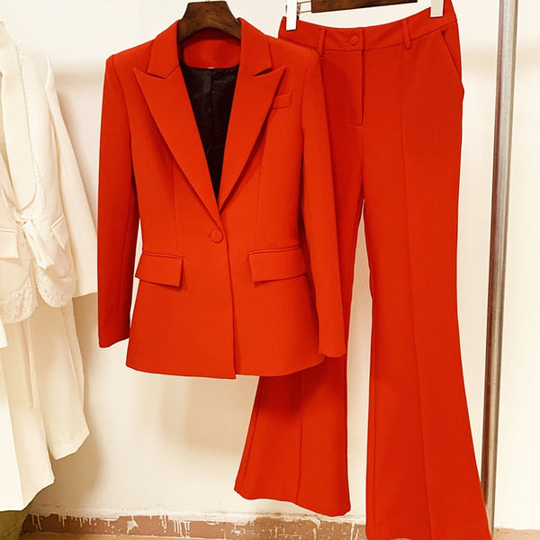 Designer Blazer Suit Set Women's Single Button Red Blazer Flare Pants Suit  -  GeraldBlack.com