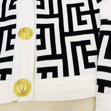 Designer Fashion Metal Lion Buttons Geometrical Knit Cardigan Camis Mini Skirt 3pcs Set  -  GeraldBlack.com
