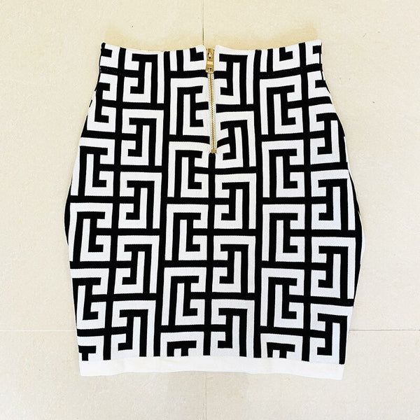 Conjunto de 3 piezas de minifalda tipo cárdigan geométrico con botones de león de metal de diseñador para mujer