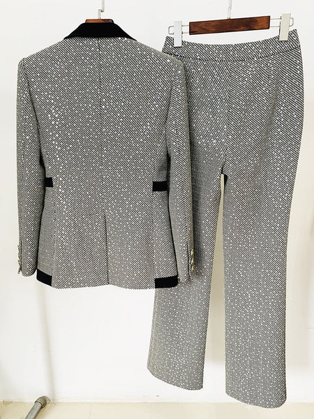 Designer Fashion Runway Suit Set Women's Slim Fit Color Block Sequined Blazer Pants Suit  -  GeraldBlack.com