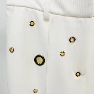 Designer Fashion Runway Women's Slim Fit Single Button Rivet Eyelet Lapel Blazer Pants 2pcs Set  -  GeraldBlack.com