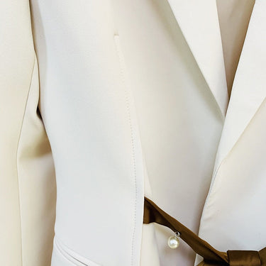 Designer Runway Suit Set Women's Ribbon Peals Beaded Lacing Belt Blazer Flare Pants Suit  -  GeraldBlack.com