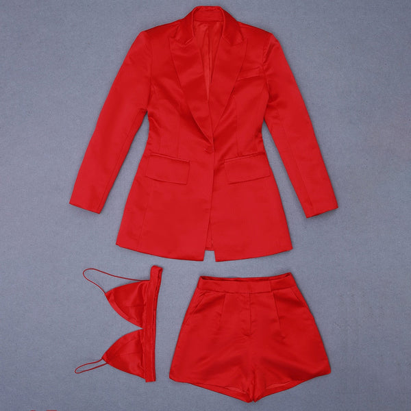Designer Runway Suit Set Women's Single Button Blazer Camis Shorts Set 3pcs  -  GeraldBlack.com