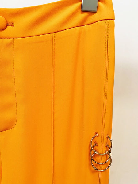 Designer Runway Suit Set Women's Single Button Metal Rings Blazer Wide Leg Pants Set  -  GeraldBlack.com