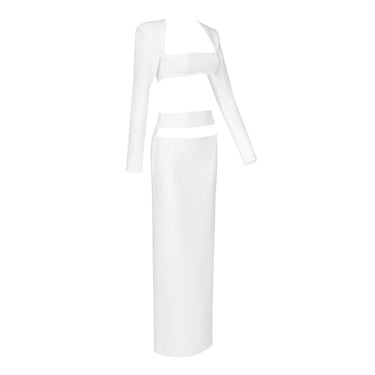 Designer Runway Suit Set Women Square Neck Long Sleeve Sexy Hollow Out Tube top Bandage Long Skirt Set  -  GeraldBlack.com