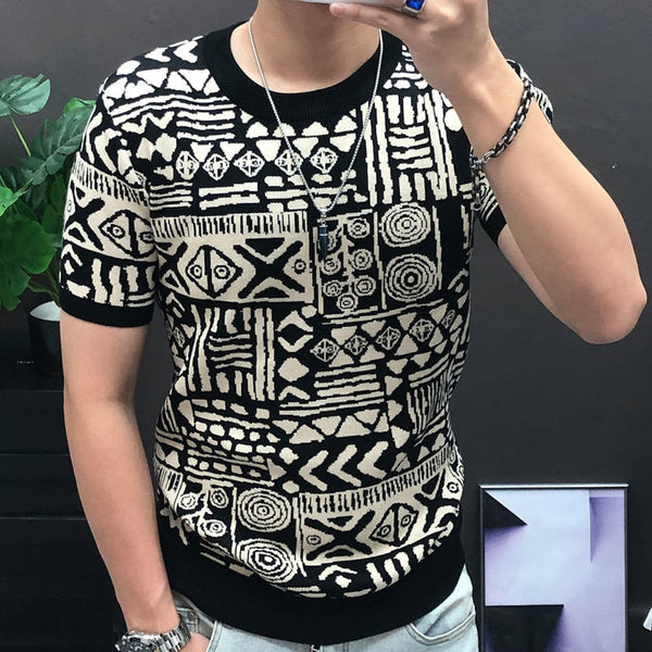 Men's High Elasticity Contrast Diamond Checkered Knitted Streetwear T-Shirt