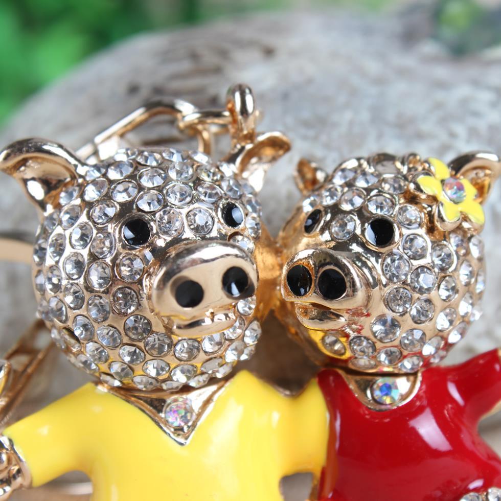 Double Lover Pig Flower Crystal Rhinestone Purse Pendant & Key Chain - SolaceConnect.com
