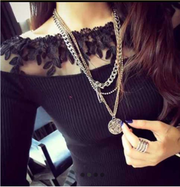 Elegant Black and White Knitted Lace Striped Blouse Shirts for Women  -  GeraldBlack.com