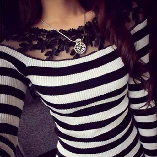 Elegant Black and White Knitted Lace Striped Blouse Shirts for Women - SolaceConnect.com