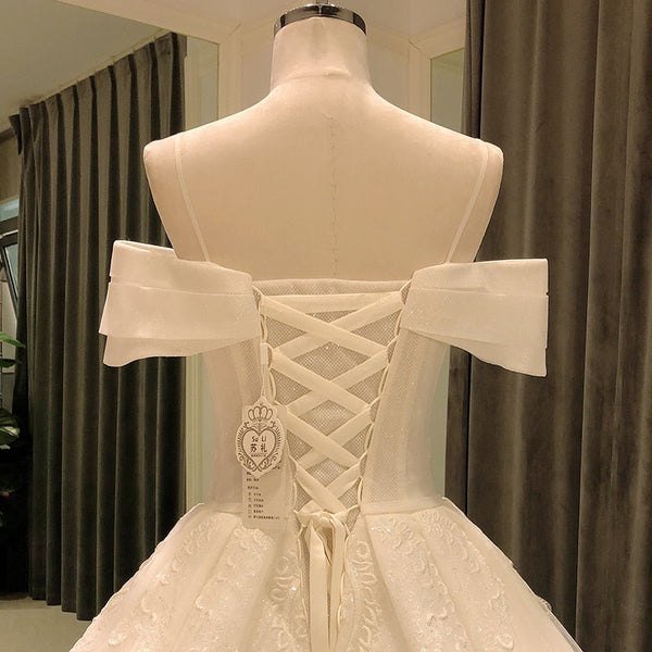 Elegant Boat Neck Lace Off Shoulder Crystal Beads Bridal Wedding Gowns - SolaceConnect.com