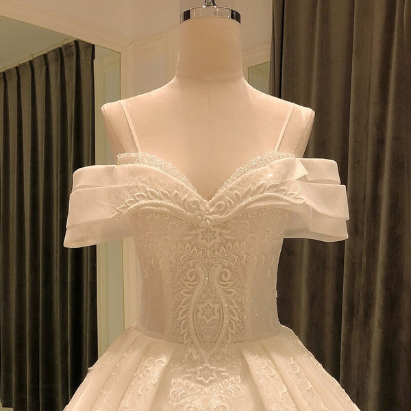 Elegant Boat Neck Lace Off Shoulder Crystal Beads Bridal Wedding Gowns - SolaceConnect.com