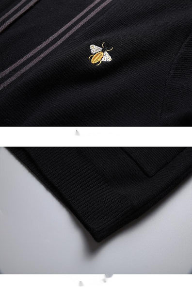 Elegant Casual Korean Men's Solid O-Neck Bee Embroidery Sweater Cardigan - SolaceConnect.com