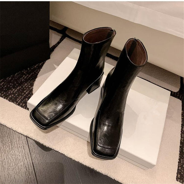 Elegant Chunky High Heels Back Zipper Ankle Boots Solid Concise Booties Botines Mujer Square Toe Chaussure Femme  -  GeraldBlack.com