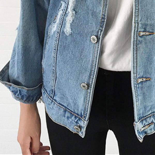 Elegant Feminino Vintage Slim Ripped Holes Denim Jeans Bomber Jacket - SolaceConnect.com