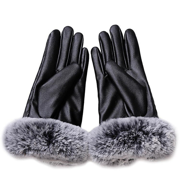 Elegant Girls Leather with Rabbit Fur Free Size Thick Winter Gloves - SolaceConnect.com