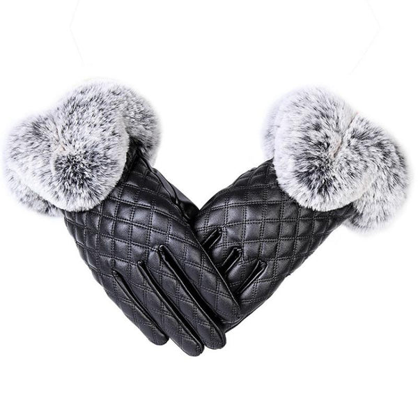 Elegant Girls Leather with Rabbit Fur Free Size Thick Winter Gloves - SolaceConnect.com