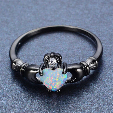 Elegant Heart Cut Rainbow Opal Black Gold Filled Wedding Ring with White CZ - SolaceConnect.com