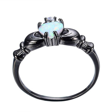 Elegant Heart Cut Rainbow Opal Black Gold Filled Wedding Ring with White CZ  -  GeraldBlack.com