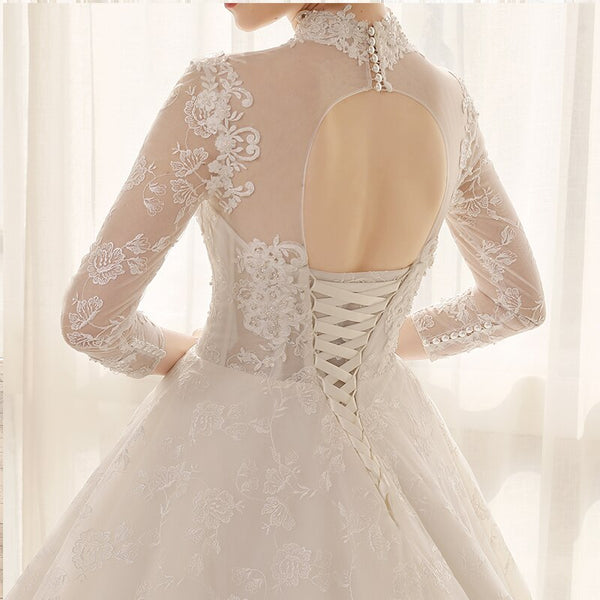 Elegant Lace Appliques High Neck Long Sleeve Bridal Wedding Gowns - SolaceConnect.com