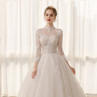 Elegant Lace Appliques High Neck Long Sleeve Bridal Wedding Gowns - SolaceConnect.com