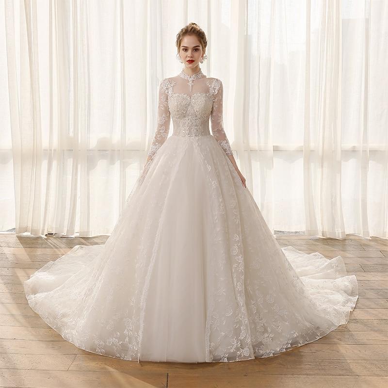 Elegant Lace Appliques High Neck Long Sleeve Bridal Wedding Gowns  -  GeraldBlack.com