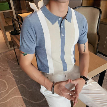 Elegant Men's Spliced Color Short Sleeves Knitted Polo Shirt for Office Club - SolaceConnect.com