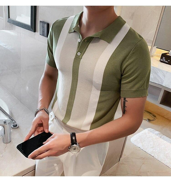 Elegant Men's Spliced Color Short Sleeves Knitted Polo Shirt for Office Club - SolaceConnect.com