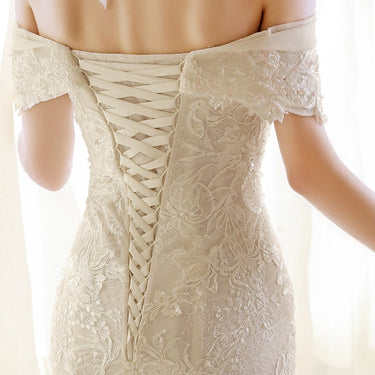 Elegant Off White Lace Short Sleeves Mermaid Corset Wedding Bride Gowns Dresses - SolaceConnect.com
