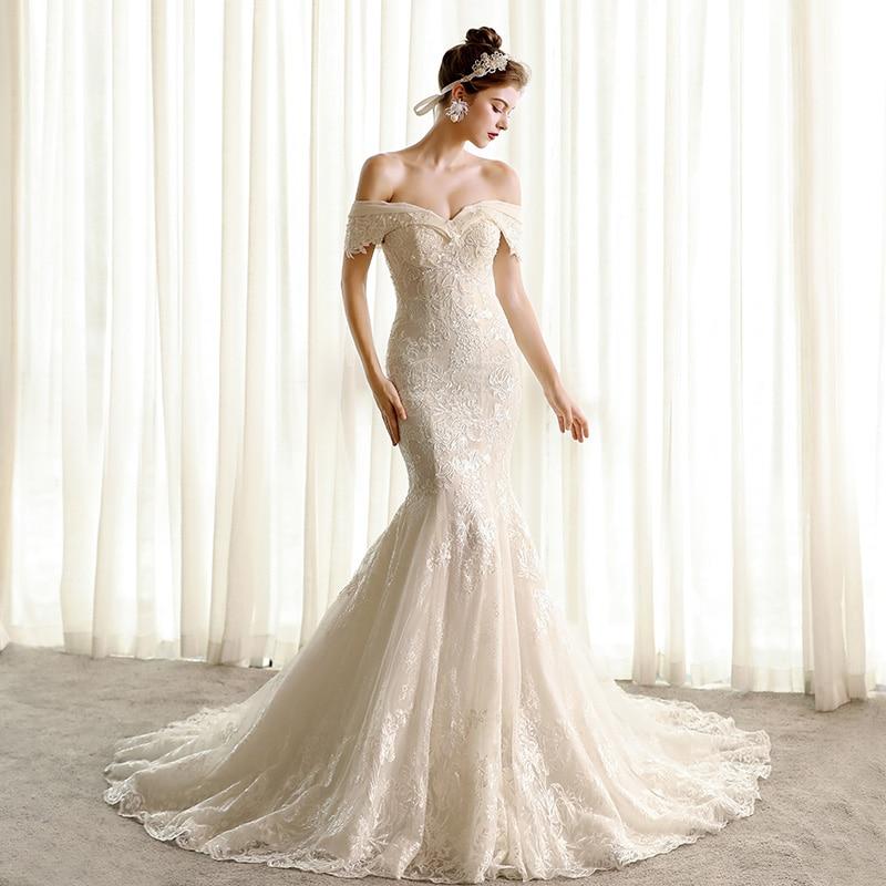 Elegant Off White Lace Short Sleeves Mermaid Corset Wedding Bride Gowns Dresses  -  GeraldBlack.com