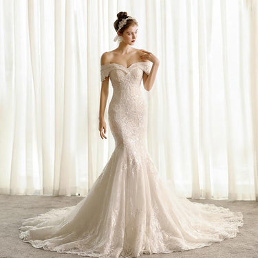 Elegant Off White Lace Short Sleeves Mermaid Corset Wedding Bride Gowns Dresses  -  GeraldBlack.com