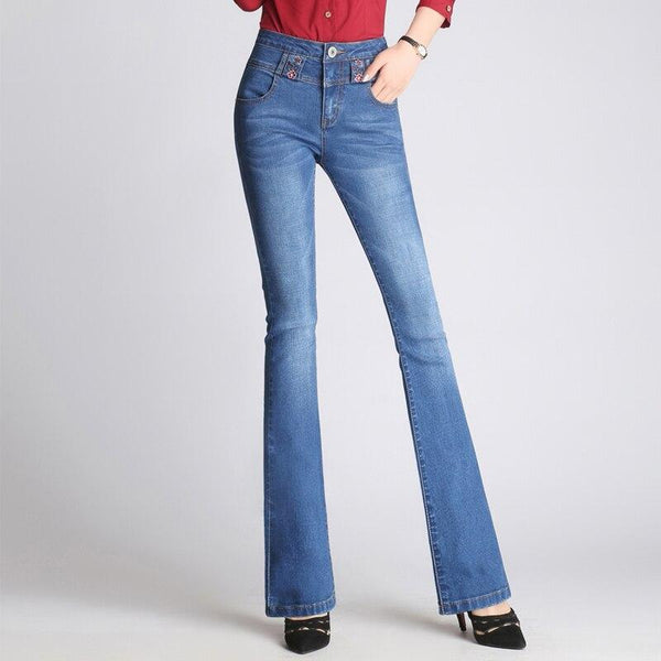 Women Flared Jeans High Waist Elegant Retro Style Bell Bottom Skinny Denim Pants Female Sexy - SolaceConnect.com