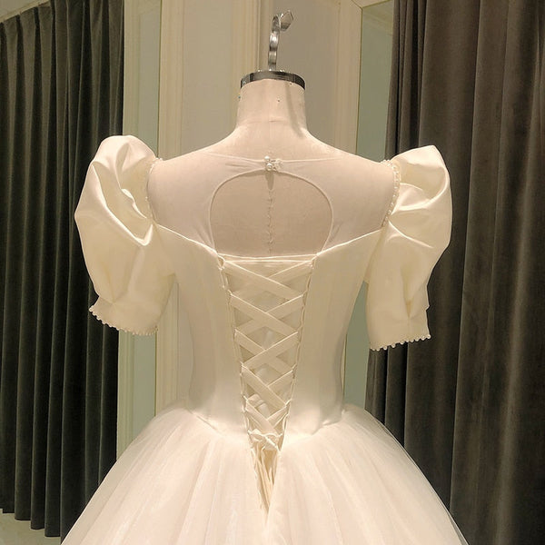 Elegant Satin Puff Sleeve Beads Ball Gown Simple Wedding Dress - SolaceConnect.com
