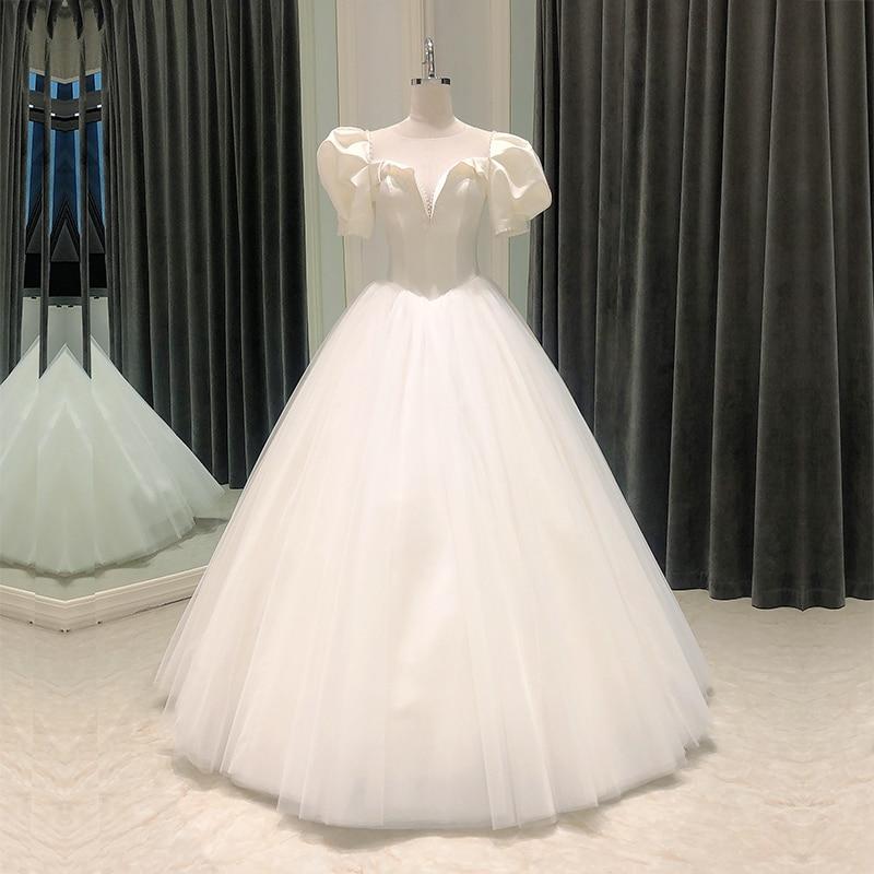 Elegant Satin Puff Sleeve Beads Ball Gown Simple Wedding Dress  -  GeraldBlack.com