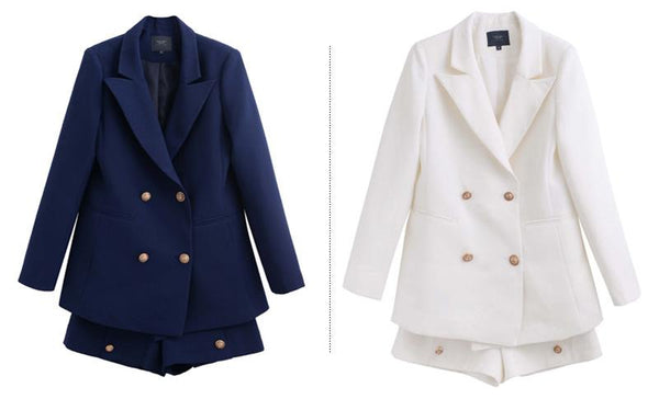 Elegant White Color Blazer Short Suit 2 Piece Set for Office Ladies - SolaceConnect.com