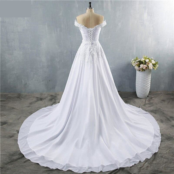 Elegant White Ivory Lace Off Shoulder Chiffon Ball Gown Wedding Dresses - SolaceConnect.com