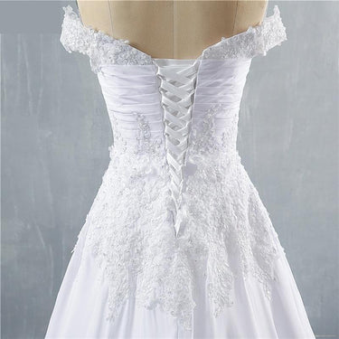 Elegant White Ivory Lace Off Shoulder Chiffon Ball Gown Wedding Dresses - SolaceConnect.com
