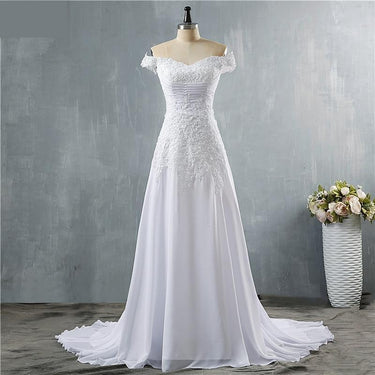 Elegant White Ivory Lace Off Shoulder Chiffon Ball Gown Wedding Dresses  -  GeraldBlack.com