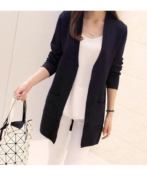 Elegant Women's Spring Autumn Knitted Medium-long Pocket Cardigan Outerwear - SolaceConnect.com