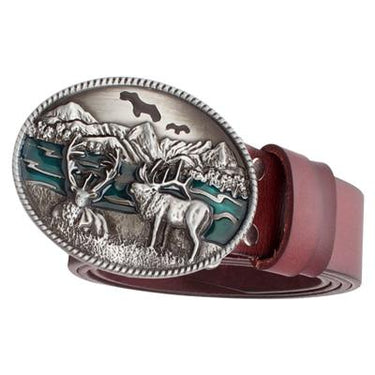 Elk America Moose Pattern Animal Reindeer Genuine Leather Buckle Belt - SolaceConnect.com