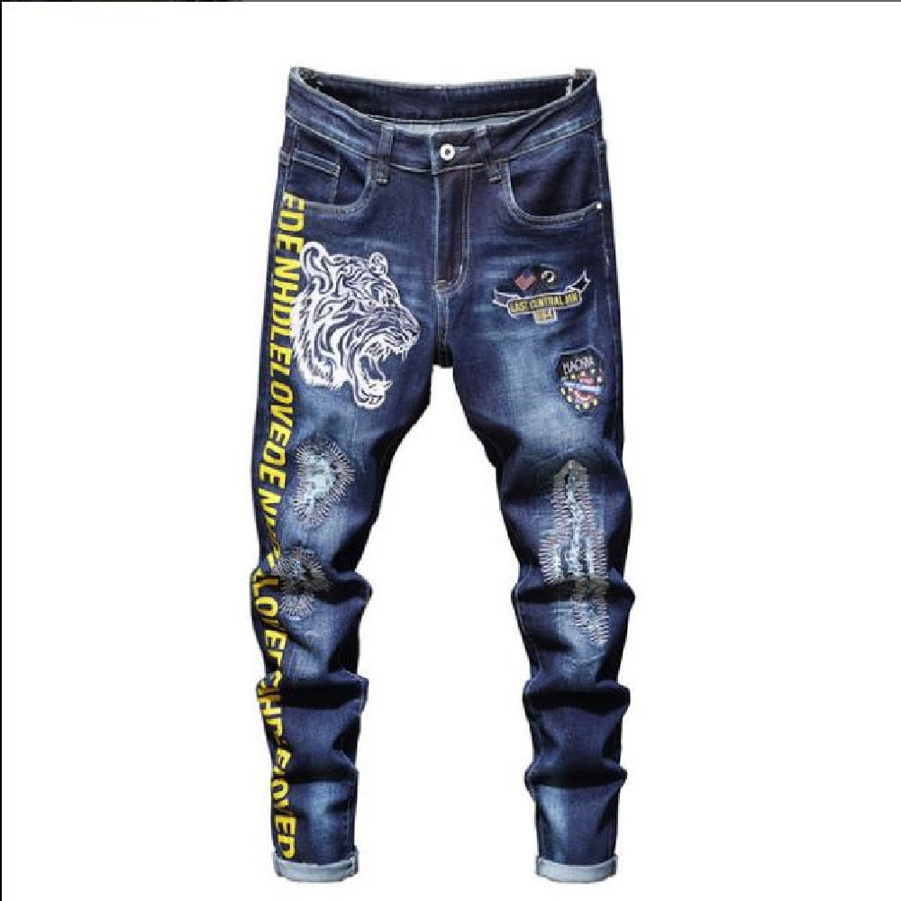 Men's Hip Hop Style Hole Patch Embroidery Mid Waist Straight Leg Jeans ...