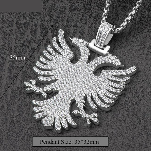 Unisex Iced Out Albanian Eagle Pendant Necklace Kosovo Double Eaded Eagle CZ Zircon Folk - SolaceConnect.com