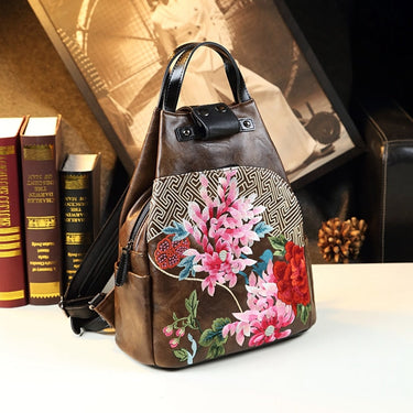 Ethnic Style Fashion Genuine Leather Women Shoulder Hand School Bag Embroidery Travel Backpacks  -  GeraldBlack.com