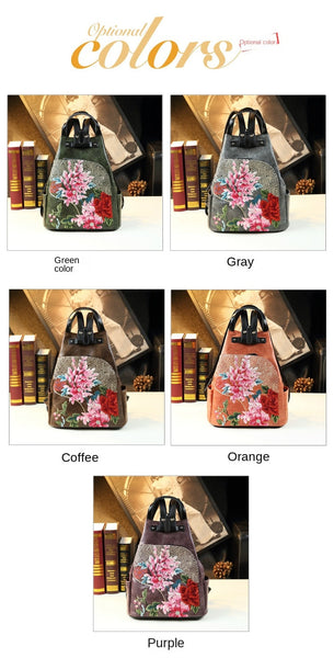 Ethnic Style Fashion Genuine Leather Women Shoulder Hand School Bag Embroidery Travel Backpacks  -  GeraldBlack.com