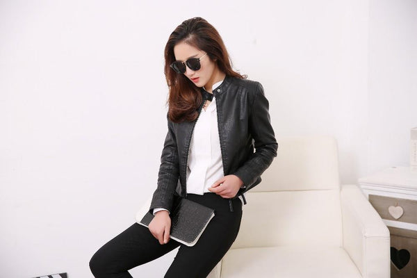 European Fashion Women's O-Neck Collar Synthetic Leather Motorcycle Jacket - SolaceConnect.com